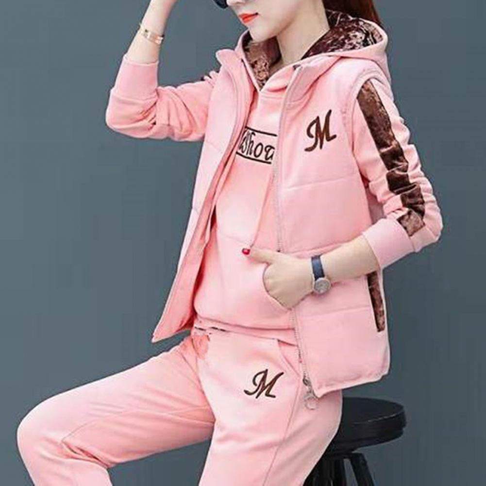 Fashion Warm Three Piece Set Women Outfit 2025 Fall Winter Thicken Tracksuit Casual Waistcoat + Hoodies + Pant Female Sweat Suit