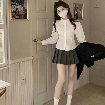 Preppy Bandage Basic White Shirt Women Slim Long Sleeve Cute Top School Uniform Button Down Shirts Blouse Female Polo Neck Lady