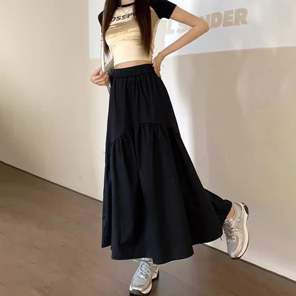 Spring Summer Women Chiffon Skirts Vintage High Waist Elastic Patchwork White Black Chic Long Cake A-line Skirt for Student
