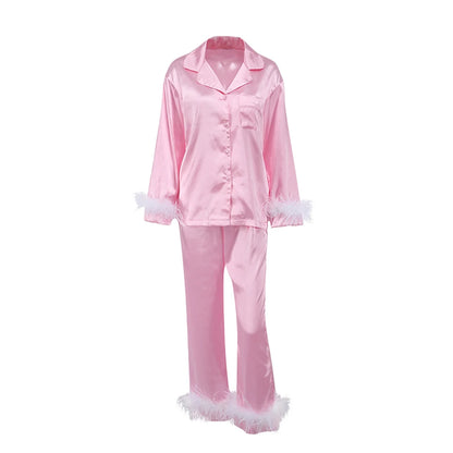 Women Spring Fall Soft Pajamas Sets Fur Feather Trim Long Sleeve Button Satin Silk Shirts Pants Loungewear Sleepwear Home wear