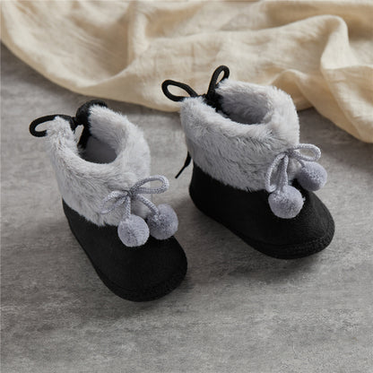 Suefunskry Toddler Baby Girls Boys Boots Winter Warm Soft Sole Fluffy Lace up Boots Cute Plush Pom Decoration Non Slip Shoes
