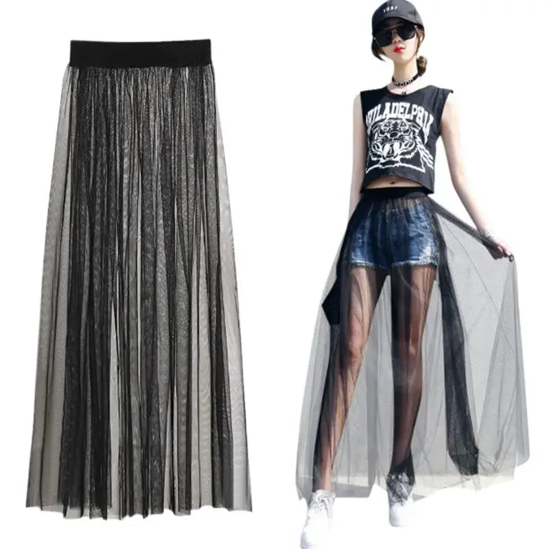 Women's Perspective Mesh Half Skirt Single Layer Long Skirt