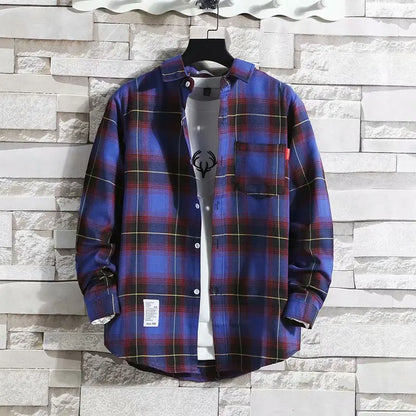 Spring New Korean Style Plaid Shirts Men's Handsome Long-sleeved Loose Casual All-matching Shirt Coats 2025 Trend Men's Clothing