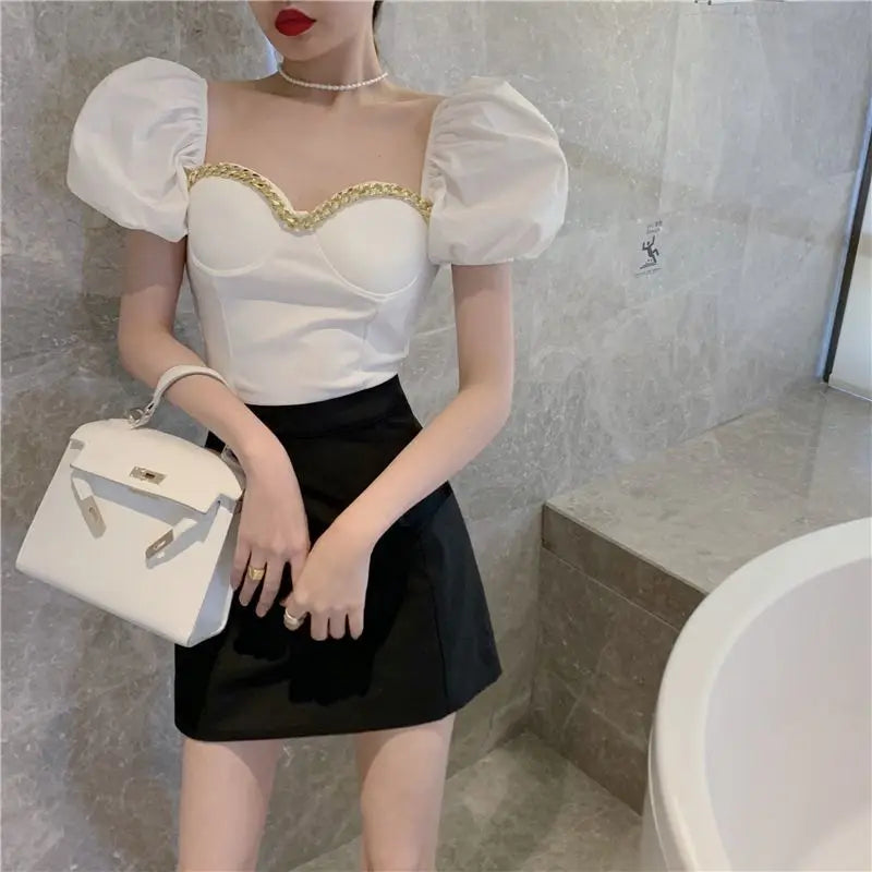 Belly Button Shirt Chic Chain Off Shoulder Expose Clavicle Tank Top Summer Puff Sleeve Crop Tops Women Elegant Sexy Slim Blouses