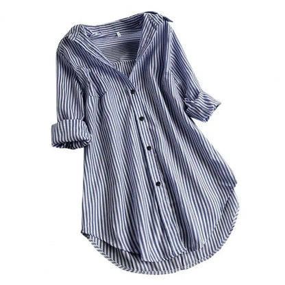 M-4XL Women Tunic Shirt Striped Long-sleeves V Neck Mid Long Turn-down Collar Loose Fit Casual Summer Elegant Ladies Blouse Top