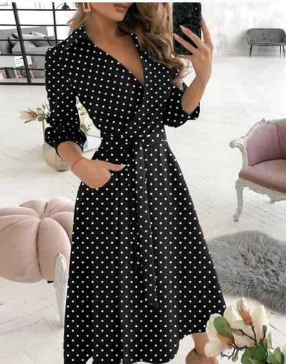Office Women Casual Sashes A-Line Wrap Summer Dress 2025 Print Long Sleeve V-Neck Dress Pocket Elegant Midi Party Dress Vestidos