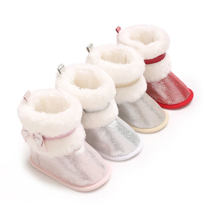 Suefunskry Newborn Baby Girl Winter Warm Plush Boots Shiny Flats with Cute Bows Casual Walking Shoes for Toddler Infant