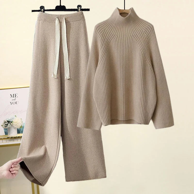 Winter Warm Knit wears Sets For Women Turtleneck Long Sleeve Pullover Sweater+ high Waist Wide Leg Drawstring Knitted Pants Sets