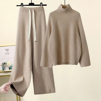 Winter Warm Knit wears Sets For Women Turtleneck Long Sleeve Pullover Sweater+ high Waist Wide Leg Drawstring Knitted Pants Sets