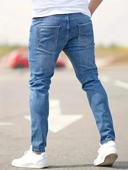 Distressed Men Jeans Denim Holes Skinny Vintage Wash Solid Pencil Pants 2025 Ankle Length Sheath Punk Style Pockets Slim