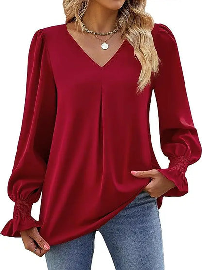 Women's New Solid Color Chiffon Shirt V-neck Pullover Flared Long Sleeved Top Shirt Office Lady Elegant Khaki Loose Blouse