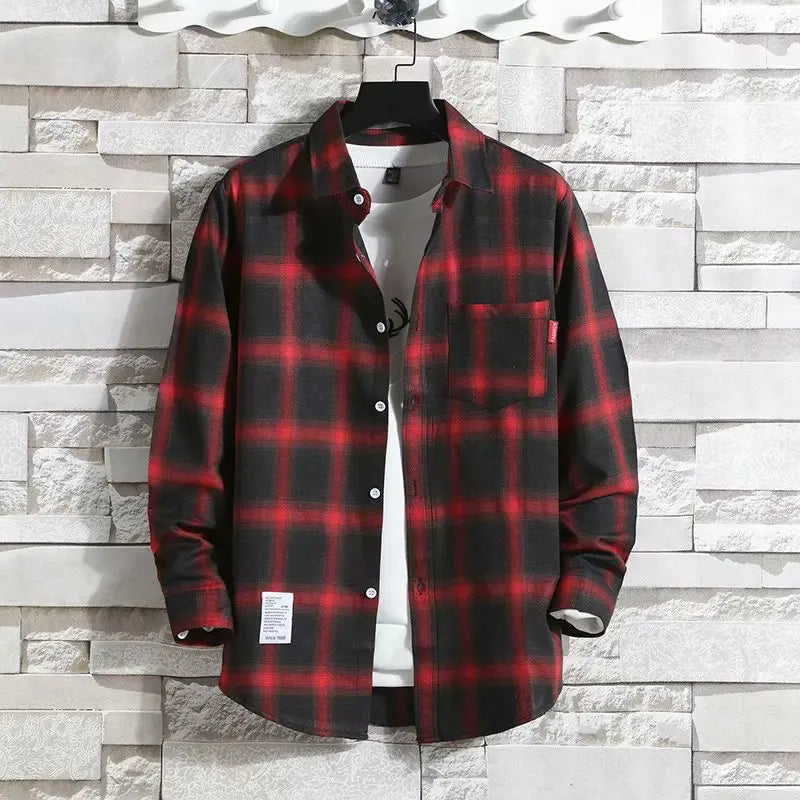 Spring New Korean Style Plaid Shirts Men's Handsome Long-sleeved Loose Casual All-matching Shirt Coats 2025 Trend Men's Clothing