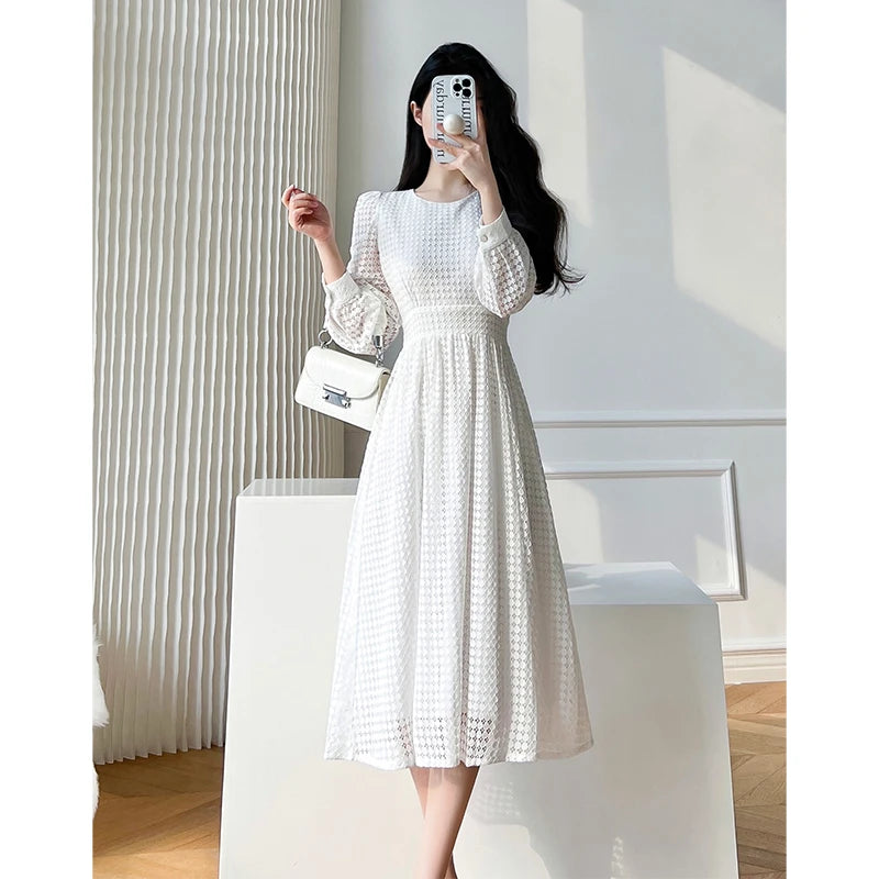 Lace Long Sleeves White Midi Dresses for Women 2025 New Autumn French Elegant Fashion Evening Wedding Party Robe Female Clothing