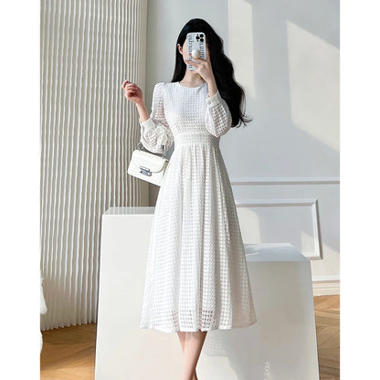 Lace Long Sleeves White Midi Dresses for Women 2025 New Autumn French Elegant Fashion Evening Wedding Party Robe Female Clothing