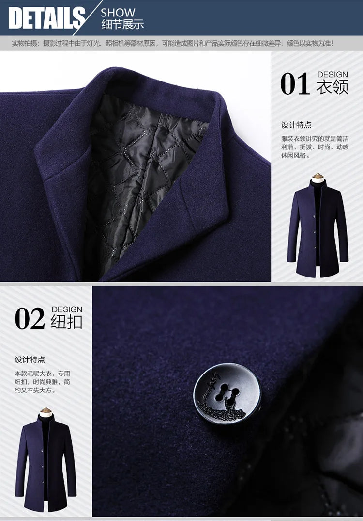 EUR Size S-XXL Autumn Winter Thick Warm Stand-up Collar Woolen Men Coat Business Casual Slim Coat Woolen Jacket Male Windbreaker