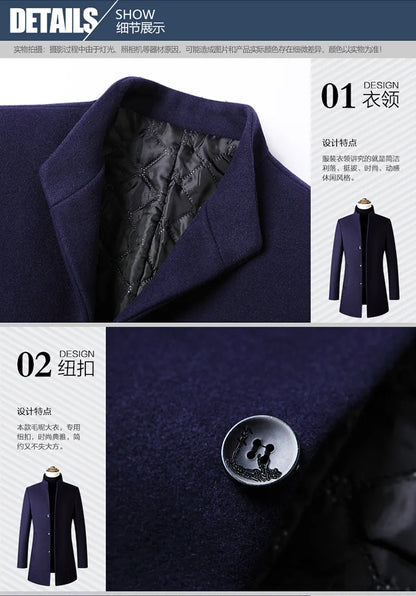 EUR Size S-XXL Autumn Winter Thick Warm Stand-up Collar Woolen Men Coat Business Casual Slim Coat Woolen Jacket Male Windbreaker