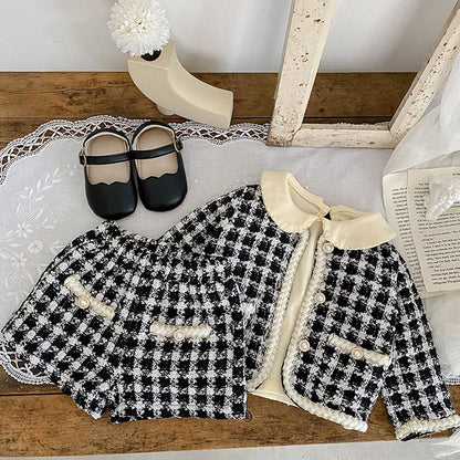 Autumn Winter Korean Style Newborn Baby Girls Clothing Set Long Sleeved Plaid Cardigan Coat+ Shorts 0-3Yrs Children Clothes Suit