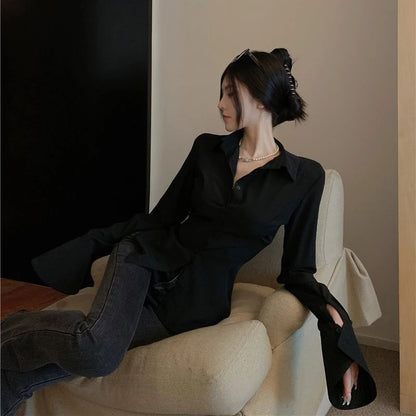 Fashion Women Bandage Shirts Korean All Match Streetwear Female Slim Blouse Spring Casual White Bell Sleeve Shirt New