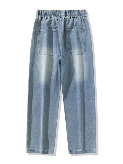 Big Size Men's Jeans 8XL 7XL 6XL String Banding Wide Leg Straight Denim Pants Washed Cotton Casual Baggy Jean Trousers Male