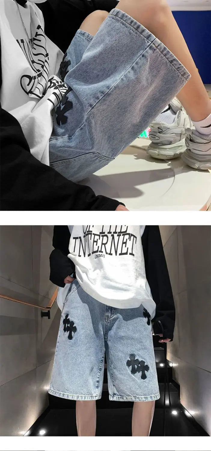 American cross-print denim shorts men's summer thin Hong Kong style loose trousers trendy brand retro casual mid-pants y2k tops