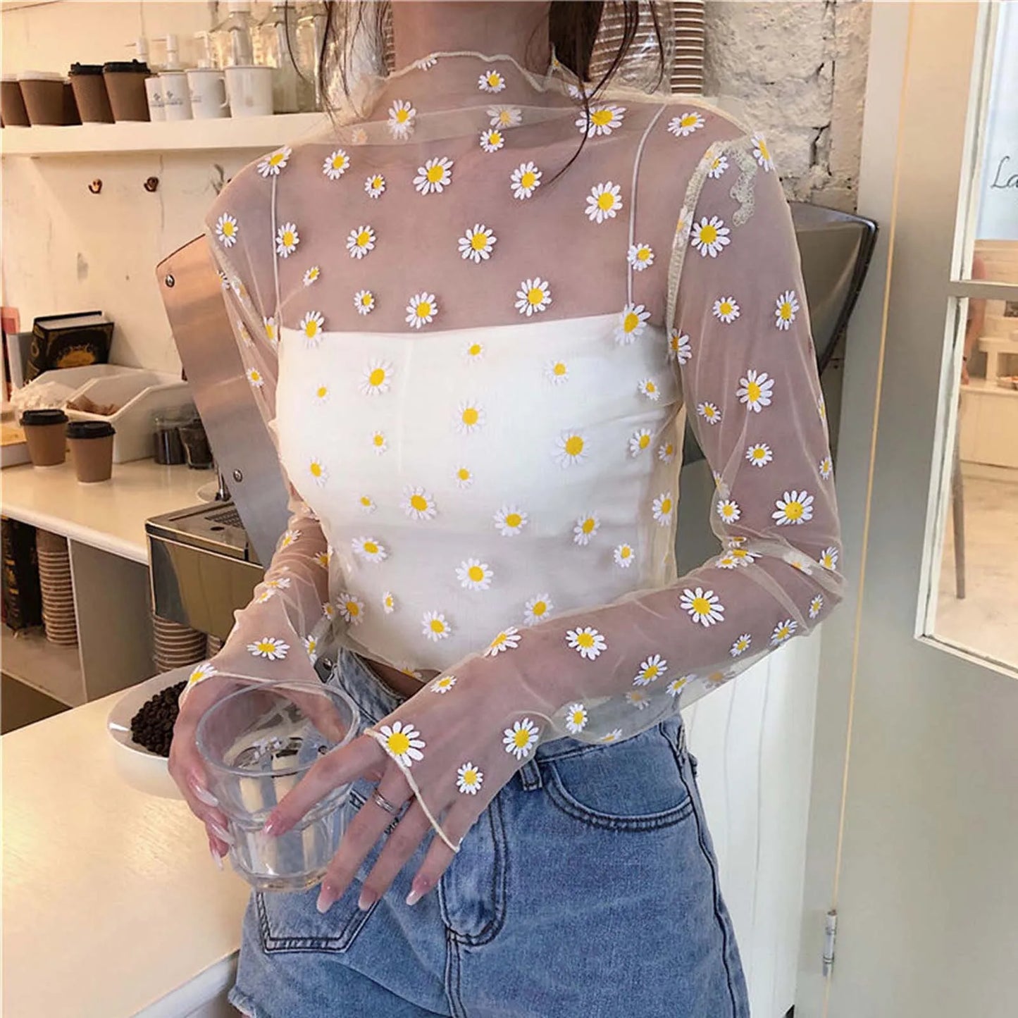 Women Daisy Flower Print Mesh Tops Long Sleeve Sheer Transparent Fishnet T Shirt Fashion Summer Sunscreen Tee 2025