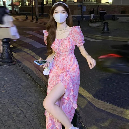 Short Sleeve French Elegant Dress Beach Floral One Piece Beach Midi Dress