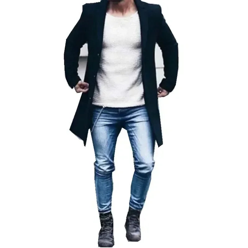 Men's Windbreaker Woolen Blend Coat Autumn Winter Fashion Solid Color Single Breasted Male Pea Coat Large Size Trench