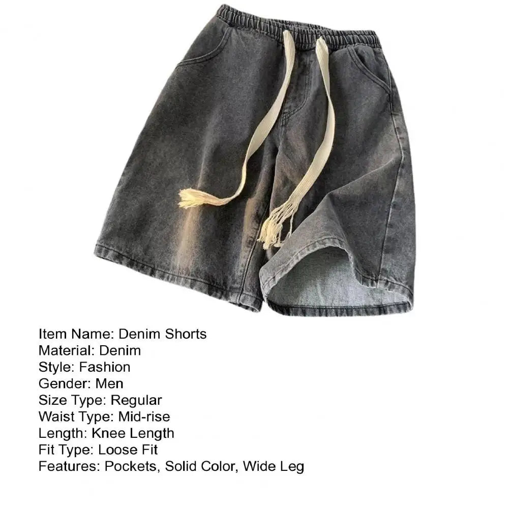 Men Wide-leg Denim Shorts Men's Quick-drying Denim Beach Shorts With Elastic Drawstring Waistband Pockets Summer Wide Leg Shorts