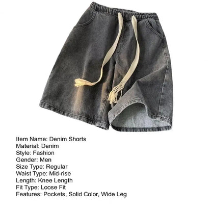 Men Wide-leg Denim Shorts Men's Quick-drying Denim Beach Shorts With Elastic Drawstring Waistband Pockets Summer Wide Leg Shorts