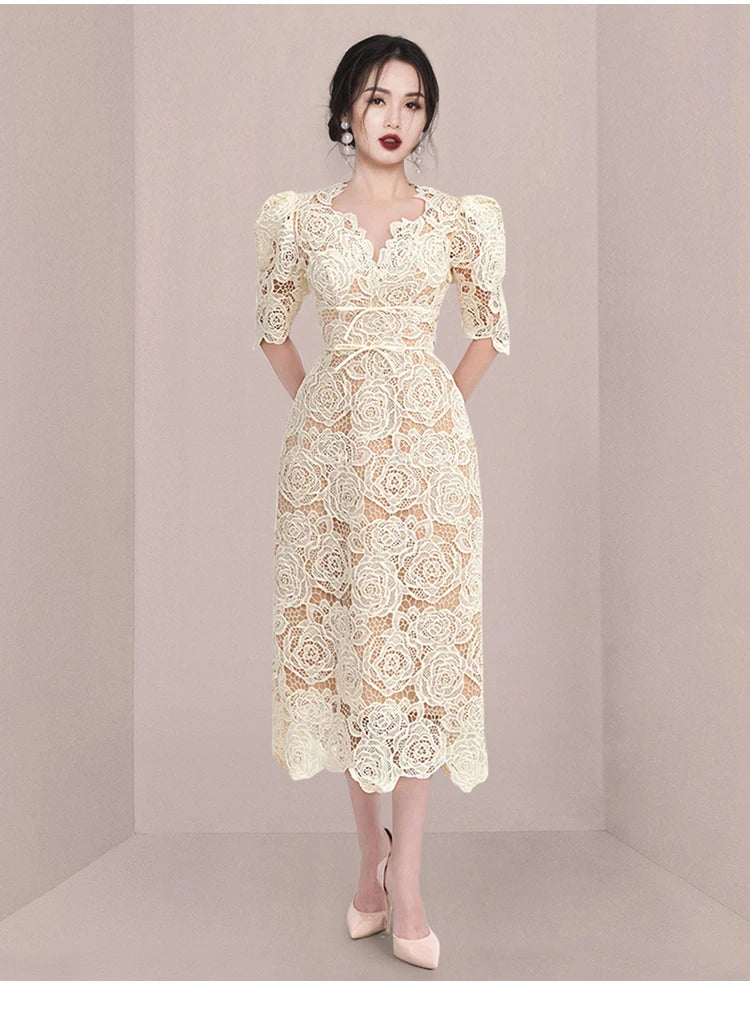 Queen Summer Dresses Korean Retro High Waist Vestidos Elegant Fashion Slim Midi Hollow Out Office Party Casual Lace Dress
