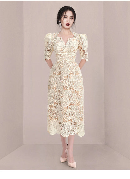 Queen Summer Dresses Korean Retro High Waist Vestidos Elegant Fashion Slim Midi Hollow Out Office Party Casual Lace Dress