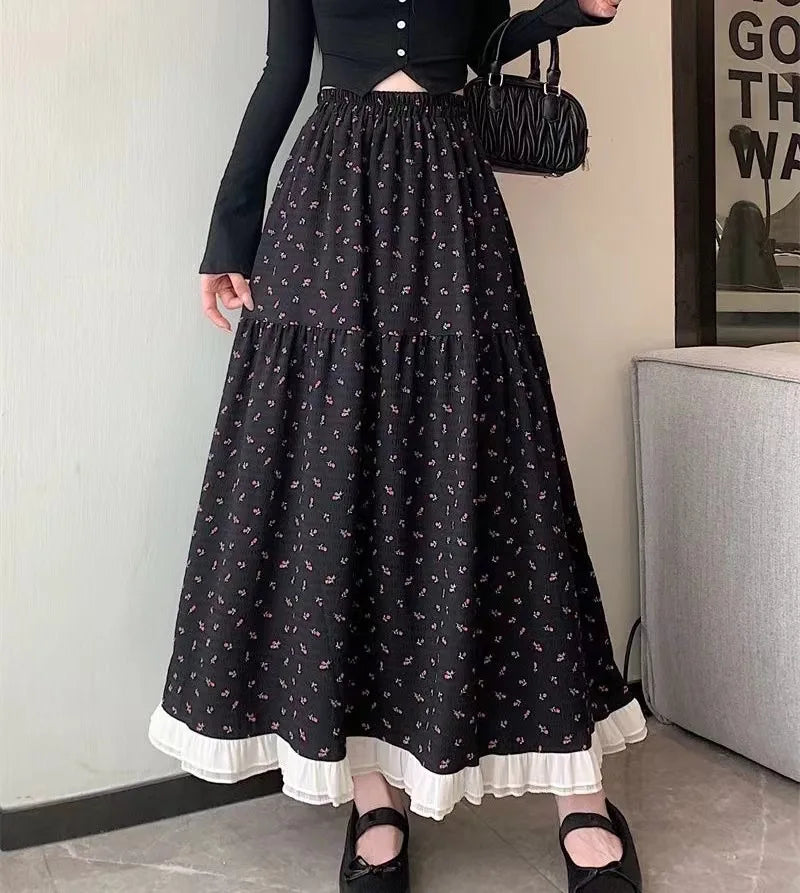 Summer White Floral Long Skirt Womens Y2k Clothes Fashion Elastic High Waist Casual Elegant Spliced Gauze Skirts for Women 2025