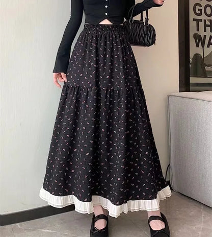 Summer White Floral Long Skirt Womens Y2k Clothes Fashion Elastic High Waist Casual Elegant Spliced Gauze Skirts for Women 2025