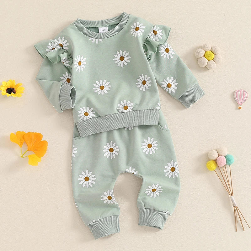 2025 Lorrainian Toddler Girl Fall Outfit Daisy Print Long Sleeve Sweatshirt with Elastic Waist Pants 2 Pcs Set