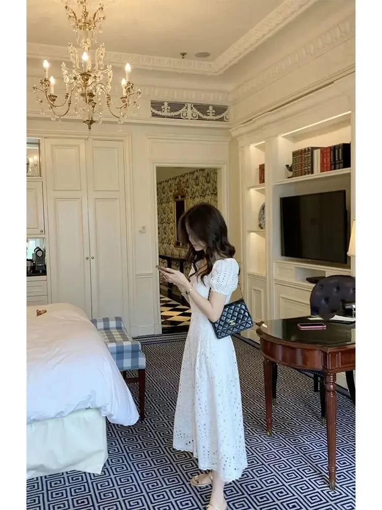 Summer Elegant Korean Chic White Midi Dress Women French Hollow Out Sexy Kawaii Vestidos De Fiesta Fashion Short Sleeve Dress