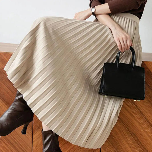 High Waist Pleated Skirt Elegant Women's Maxi Skirt with Elastic High Waist A-line Design Pleated Large Hem Solid Color for Work
