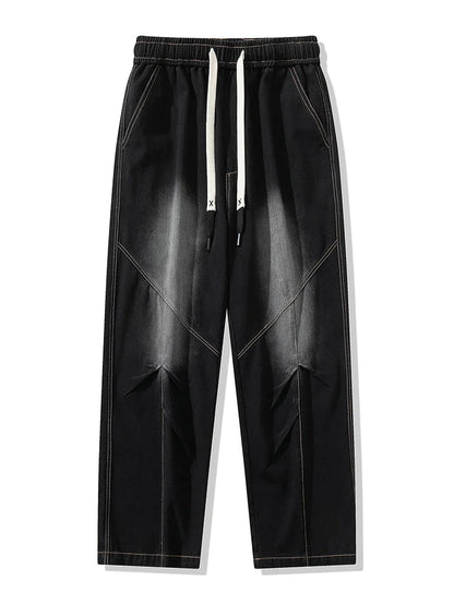 Big Size Men's Jeans 8XL 7XL 6XL String Banding Wide Leg Straight Denim Pants Washed Cotton Casual Baggy Jean Trousers Male