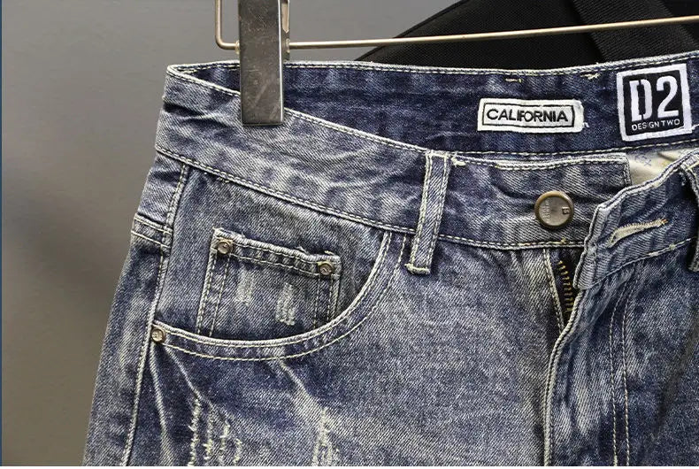 Korean Luxury Clothing Men's Summer Denim Knee Length Shorts 2025 Fashion Designer Ripped Hole Cowboy Korean Slim Short Pants