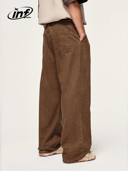 INFLATION Brown Retro Washed Denim Pants Unisex Classic Straight Leg Jeans Male Trouser Plus Size