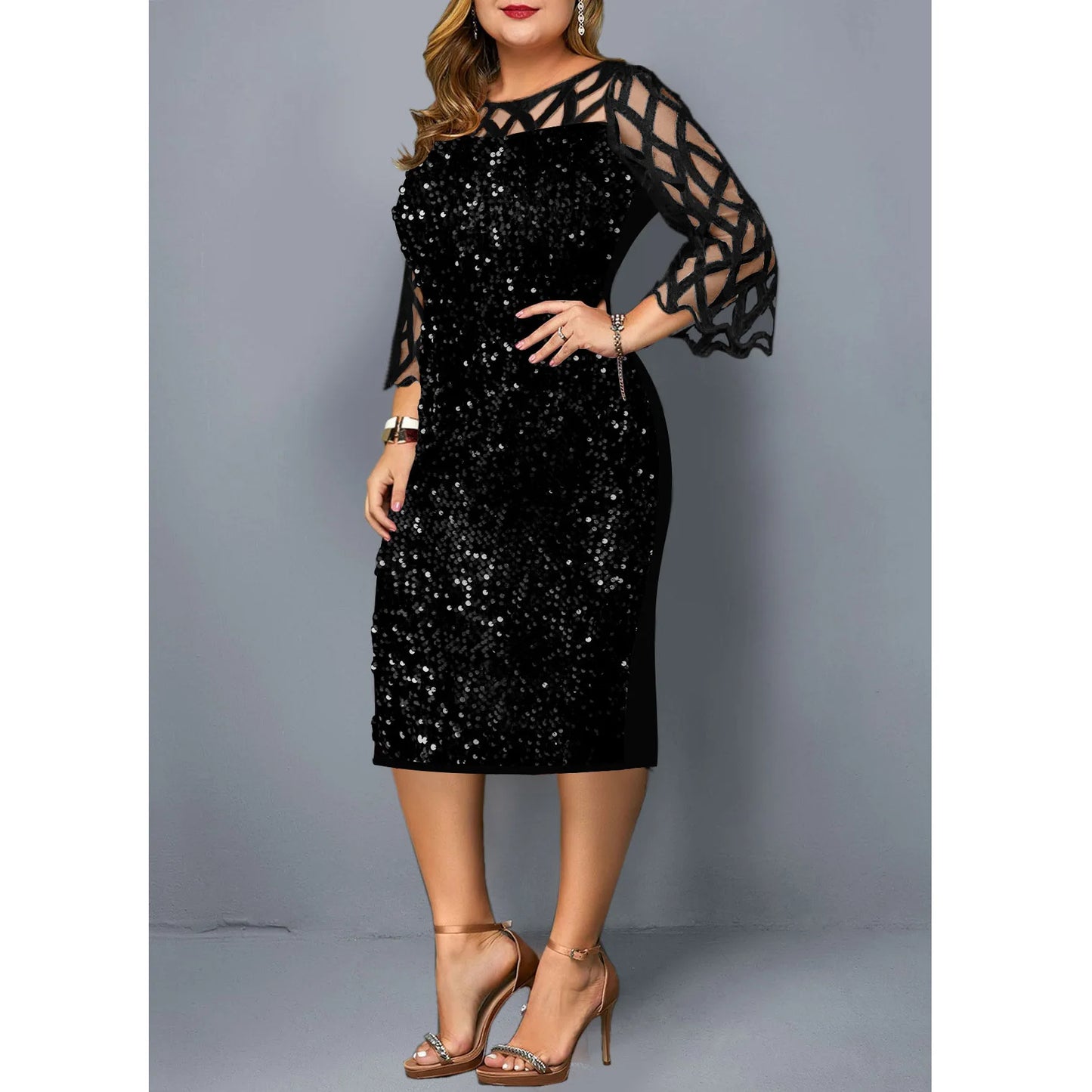 Elegant Sequin Plus Size 4XL 5XL Women Midi Dress Sexy Casual Evening Party Dress Gown Wedding Luxury Robe Rouge Vestidos
