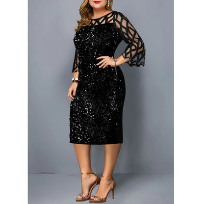 Elegant Sequin Plus Size 4XL 5XL Women Midi Dress Sexy Casual Evening Party Dress Gown Wedding Luxury Robe Rouge Vestidos