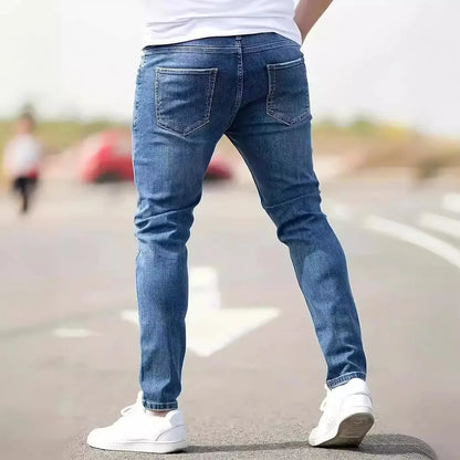Distressed Men Jeans Denim Holes Skinny Vintage Wash Solid Pencil Pants 2025 Ankle Length Sheath Punk Style Pockets Slim