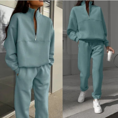 Women's Sports Suits 2025 Autumn Winter Latest Marketing Solid Thick Long Sleeved Zipper Sweatshirt Pants Set Two Piece Set