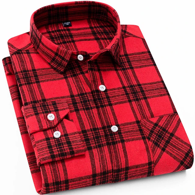 Men's Slim-fit Casual Brushed Flannel Contrast Plaid Shirt Single Patch Chest Pocket Comfortable Soft Long Sleeve Gingham Shirts
