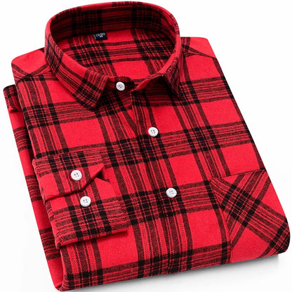 Men's Slim-fit Casual Brushed Flannel Contrast Plaid Shirt Single Patch Chest Pocket Comfortable Soft Long Sleeve Gingham Shirts