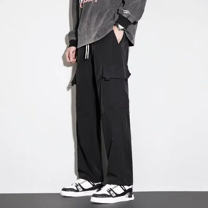 Thick and stretchy straight leg elastic waistband versatile casual long pants for men in autumn and winter, warm pure cotton pan