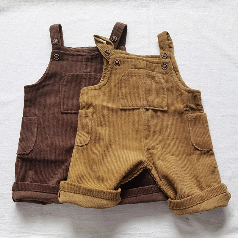 2025 New Korean Toddler Baby Boys Corduroy Overalls Casual Look Front Pocket One Piece Baby Pants Girls Trousers
