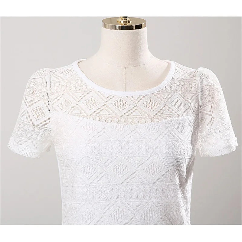 New Women Clothing Chiffon Blouse Lace Crochet Female Korean Shirts Ladies Blusas Tops Shirt White Blouses Slim Fit Tops 2025