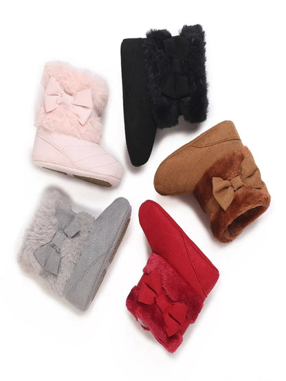 Cute Bowknot Comfortable Boots For Baby Girls Soft Warm Plus Fleece Boots For Indoor Walking Autumn And Winter