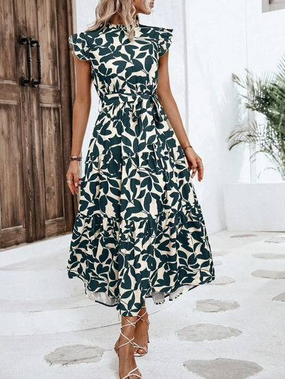 Elegant Women's Flower Midi Dress New Summer Fashion Stand Collar Flying Sleeve Lace Up Dress Casual Beach Holiday Dresses Robe